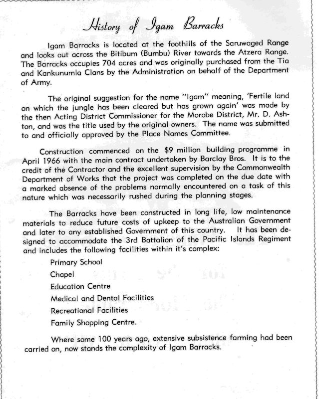 The Role of Igam Barracks at Lae, Papua New Guinea - The Role of Igam Barracks at Lae, Papua New Guinea -
